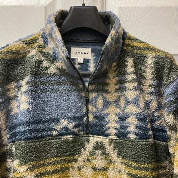 Lucky Brand Mens XL Faux Shearling 1/4 Zip Multicolor Pullover Aztec Outdoor NWT